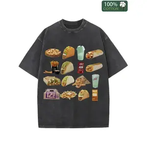 1pc, 230G Washed Gourmet Burger Cola Printed T-Shirt| High-Quality Wax Printed Retro Fashion Brand, Crew Neck, Slight Stretch, Geometric-Pattern, Suitable For All Seasons, Casual Wear, Holiday Gift