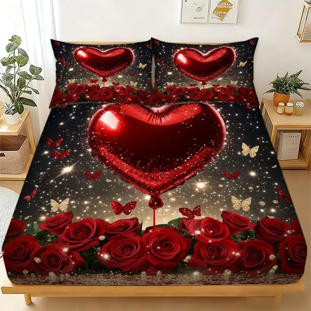Romantic Heart & Rose Bedding Set, Bed Linens, Bedsheet Sets for Couples, Fitted Sheet and Pillowcases for Valentine's Day and Wedding Bedroom Decor