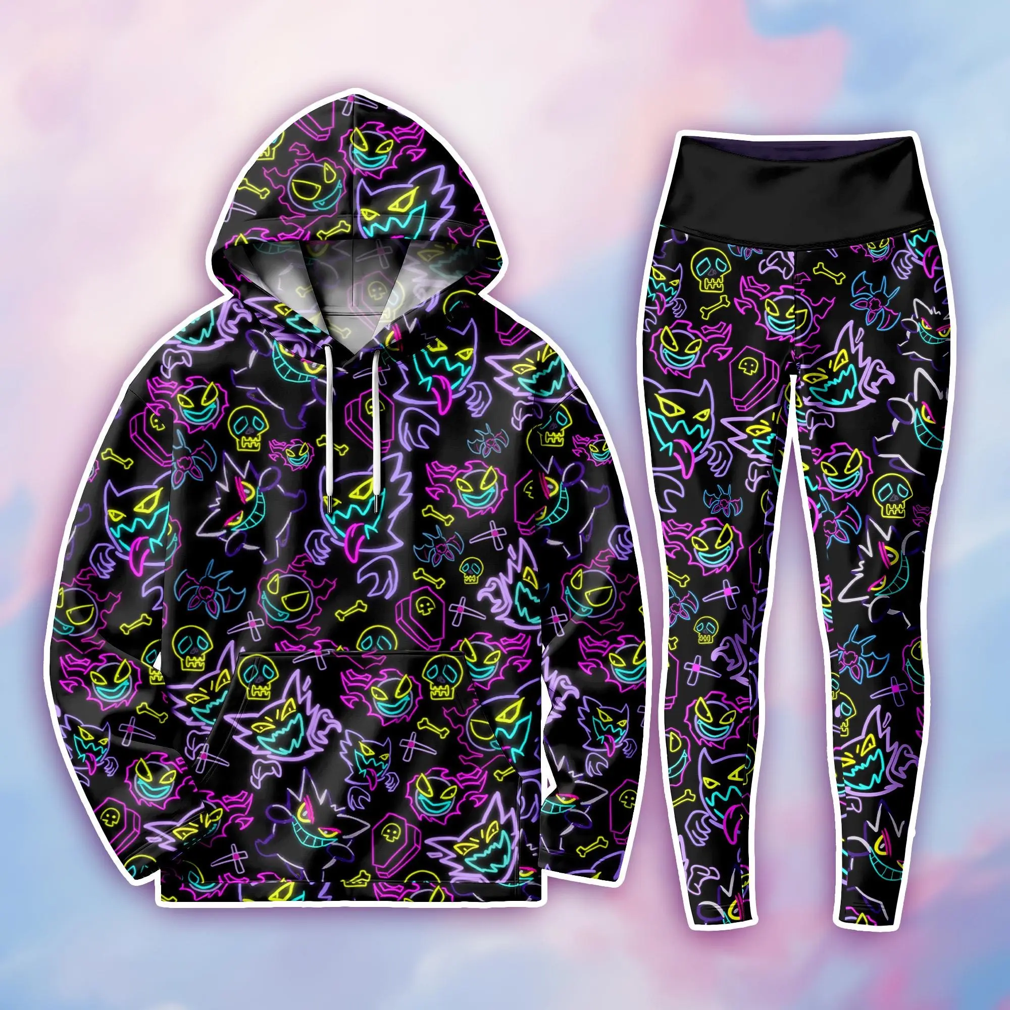 Halloween Neon Ghost Hoodie and Legging Set - Cute Spooky Graphic Hoodie, Printed High Waist Leggings, Kawaii Streetwear Outfit Gift