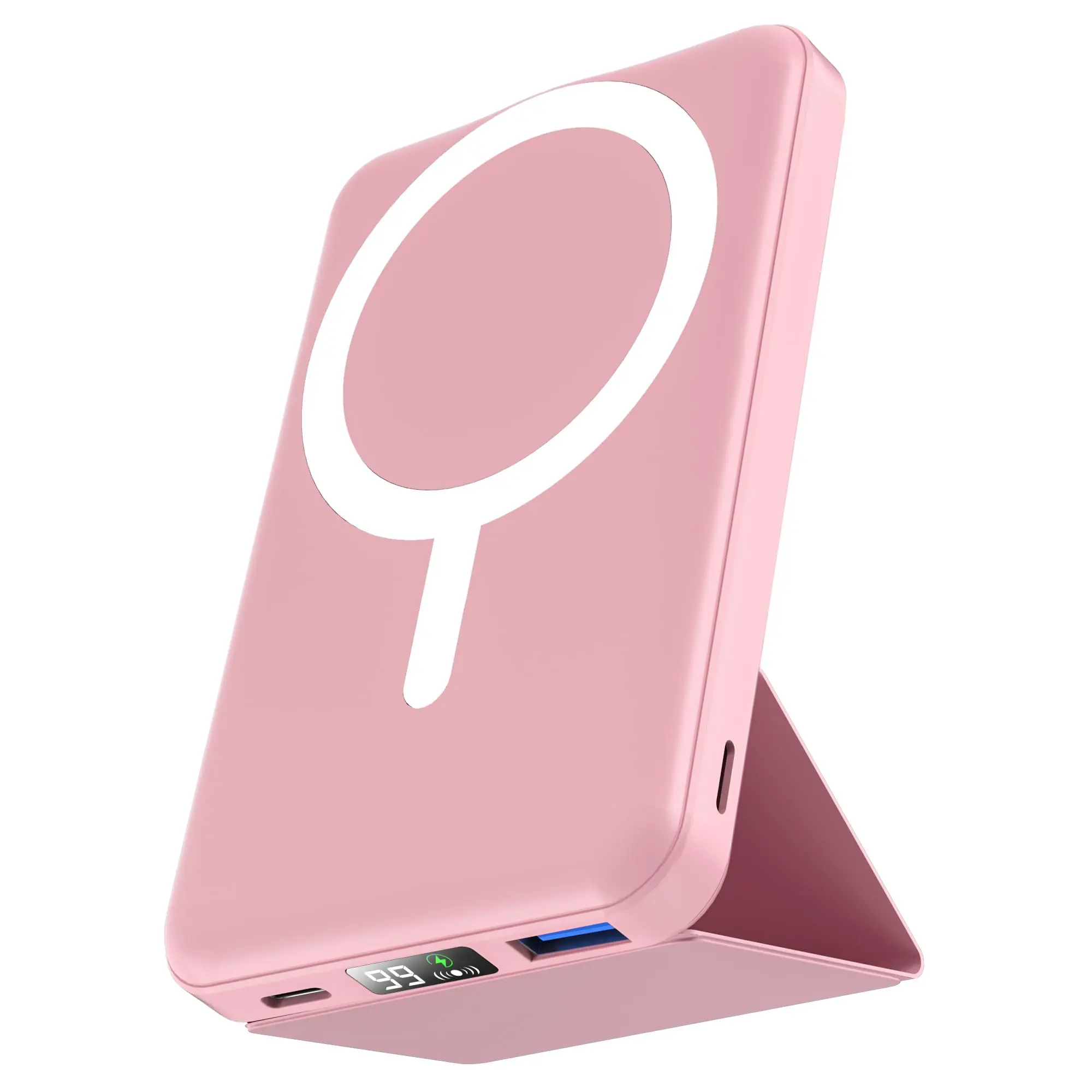 Podoru 10000mAh Compact Silicone Magnetic Wireless Portable Charger - 20W PD Fast Charging Digital Power Bank with LED Display, Foldable Stand, USB Output, USB-C & Lightning Input, Mobile Device Protection for iPhone 17/16/15/14/13/12 Series, Devices