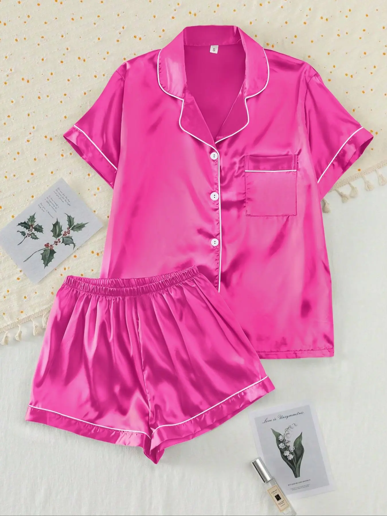 【Valentine's Day】Two-piece Set Women's Shirt & Shorts Satin Pajama, Ladies Summer Sleepwear Loungewear Aesthetic Button