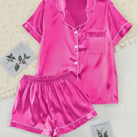 【Black Friday】[Valentine's Day] Two-Piece Women's Satin Shirt & Shorts Pajama Set, Ladies Summer Sleepwear, Aesthetic Button Pajama Loungewear, Pjs Set