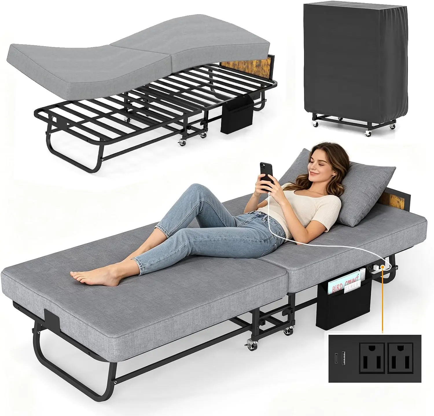 78" Folding Bed with Headboard and USB Charging, Memory Foam Rollaway Bed with Storage Pocket and Wheels for Guests and Office，Grey