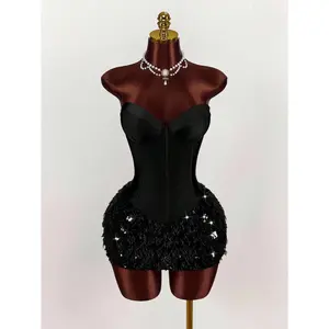 Women's Solid Color Bustier Patchwork Faux Fur Hem Fitted Fashionable Mini Dress, Birthday Party Dress, Christmas Party Dress