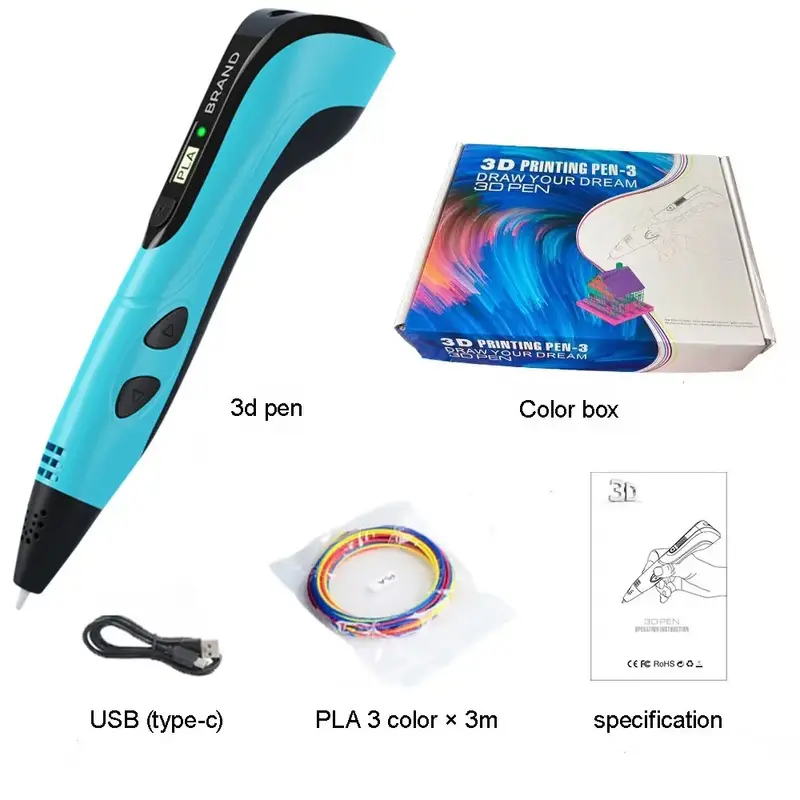 Compact 3D Printing Pen Beginner Kit for Office Use, 3D Printing Supplies with LED Display, LCD Temperature Screen, Digital Temp Control, Type-C USB Power, 3 PLA Colors, Template Book, Project Guide, Adjustable Safe Creation Settings, Compact Pen