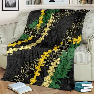 [Hawaiian Flannel Blanket] Luxurious Flannel Hawaiian-Inspired Soft & Cozy Blanket with Black Obsidian & Golden Accents - Geometric Pattern, All-Season Comfort for Sofa, Bedroom, Living Room - Machine Washable, Digital Print,  Hawaiian Bedding