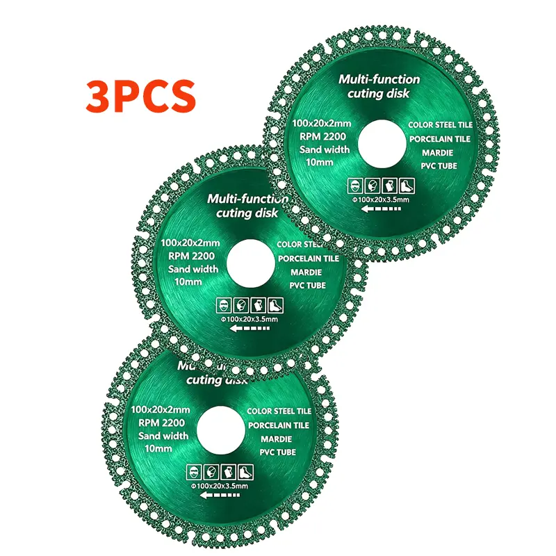3PCS 4"(100MM) Diamond Multi-purpose Cutting Wheels - Diamond Blades for Angle Grinder, 15mm Compatibility, Cuts Marble, Quartz, Granite, Ceramic, Tile, PVC Pipes, Color Steel Tiles, Metal, Iron Plates, Angle Irons, Plastic, for DIY Home Improvement