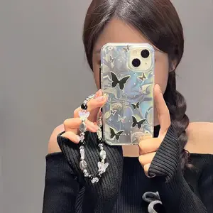 Cartoon Butterfly Bowknot Pearl 3D Case For Samsung Galaxy S25 S24 S23 S22 Ultra S21 S24 S22 Plus S20 S21 FE S21 Ultra A54 A55 A34 A16 A06 A35 A14 A15 4G 5G Girl Flash Chain Phone Cover Cases