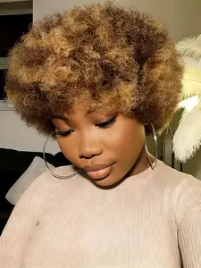 8 Inch Soft Puff Texture Afro Kinky Curly Wig, Human Hair Wig P427, Short Curly Pixie Cut with Bangs, Natural Look, Easy Maintenance, Glueless Wig, Afro Curly Wigs