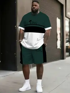 Men's Plus Size 3D King Striped T-Shirt and Shorts Set, Polyester Fiber, Summer Sports, Party, Travel Gift, Loose Fit