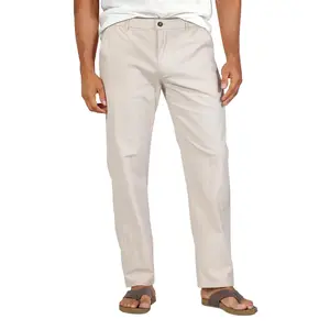 Soojun Men’s Relaxed Fit Linen Blend Pants Straight Legs with Elastic Waist Pants for Everyday Wear