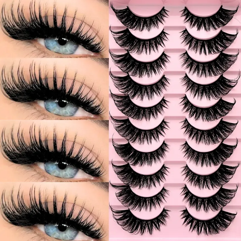 【Black Friday】7/10 Pairs Fluffy 3D Wispy Cat-Eye False Eyelash Set, Fluffy and Lightweight Design, Multiple Styles Reusable Strip Lashes, Suitable for Beginners