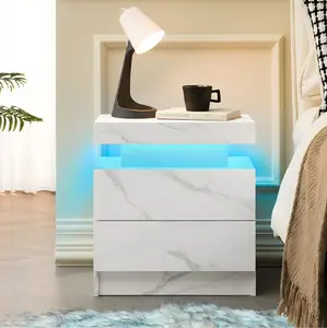 Nightstand LED Bedside Table Cabinet Lights Modern End Side with 2 Drawers for Ultimate Organization Stylish Lighting in White Marble Finish color smart