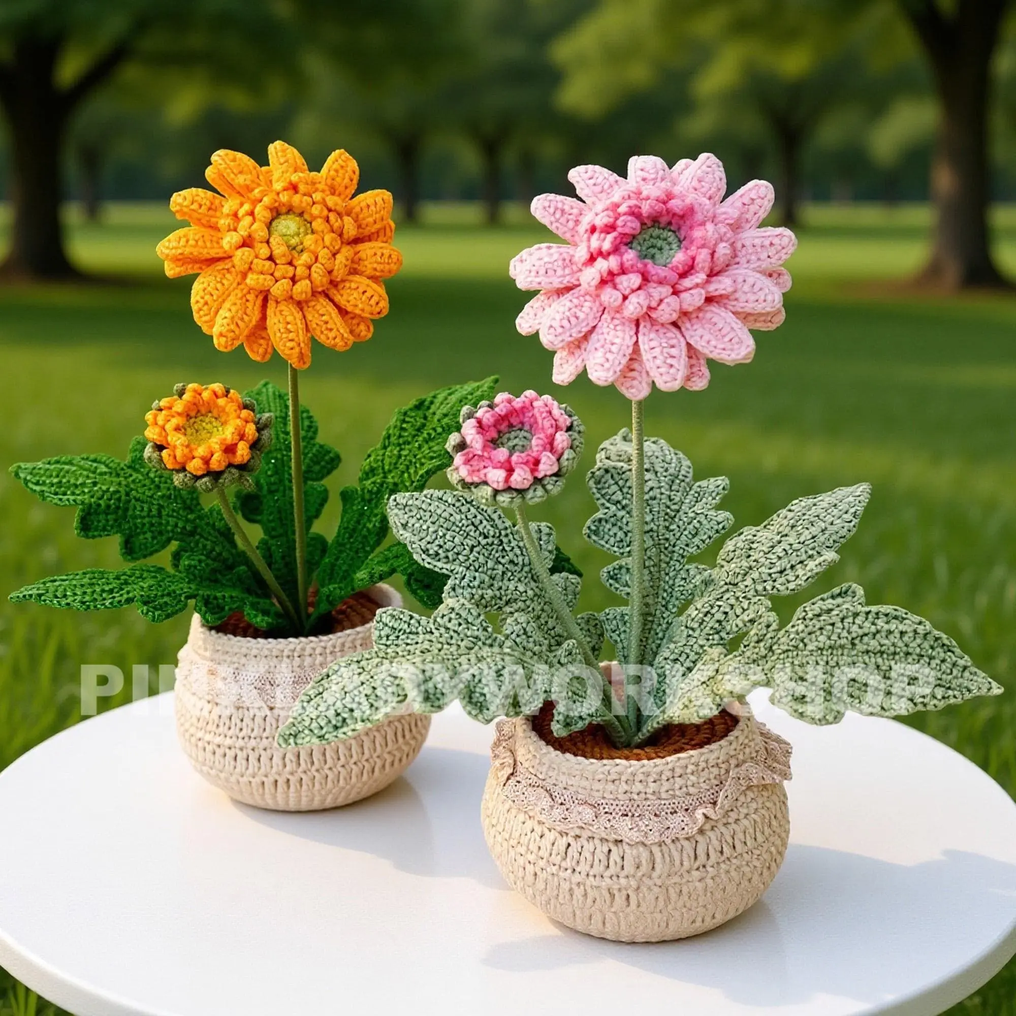 Handmade Crochet Daisy Pot: Gerbera Flower Arrangement Decor Decorative