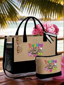 1 Set Reusable Tote Bag & Cosmetic Bag, Letter Pattern Design, Tote Bag With Shoulder Strap, Cosmetic Bag With Side Pocket, Personalized Gift Bag, Beach Bag With Scarf, Travel Tote, Suitable For Vacation, Holiday, Daily Use, School, Beach