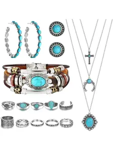 Women's Western Style Turquoise Pendant Necklace & Dangle Earrings, Faux Leather Layered Design, Boho Chic Accessory, Matching Jewelry Set