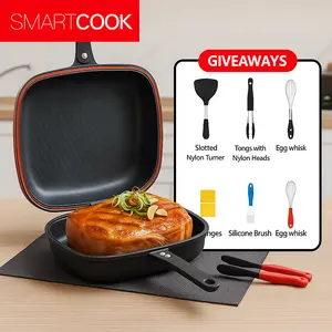 SMARTCOOK 11inch/13inch Double Sided Die Cast Aluminum Pan Non-Stick Omelette Pan with Kitchen Utensils Set Dishwasher Safe for Cooking Frying Skillet BBQ Grill Pan