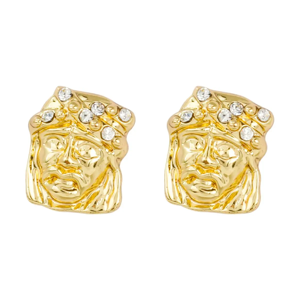 MaxBling81 Unisex 12mm x 12mm Jesus Head Stud Earrings - Hip Hop Religious Iced Alloy, Metal Coating, Gold Plated Statement, Fashionable Jewelry Accessories