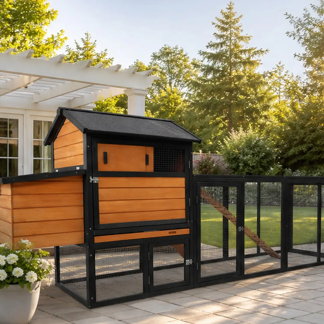 Large Wooden Chicken Coop Outdoor Hen House with Run and Nesting Box Poultry Cage Rabbit Hutch Waterproof Anti-UV Panel for Backyard Farm Use Brown+Black, Brown+Black Color Options, Wood Material, Product Dimensions: 25.48 W x 114.06 D x 42.32