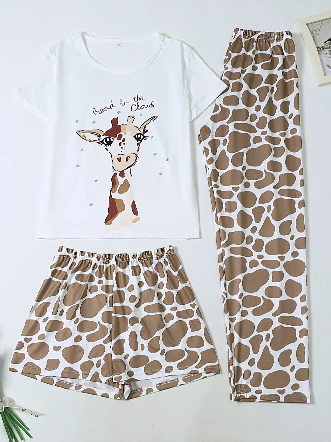 Women's Sleepwear Set, Round Neck Short Sleeve Top + Shorts + Pants, Giraffe Print, Casual Fitted Knit All over Print Loungewear Pajamas Pjs, Womenswear, Matching Lounge Sets