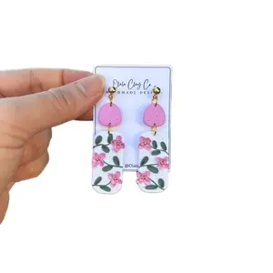 Olalaclayco Handmade Polymer Clay Earrings with Floral Design Pink Flowers on White Background