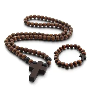 Bracelet Necklace Set Wooden Beads Carved Long Rosary Catholic Jewelry for Men