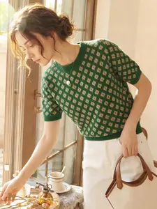 Women's Casual Loose Fit Short Sleeve Round Neck Plaid Pattern Top, Spring Summer Knitted Commuter Wear, Random Print Design, Lightweight Knit Sweater