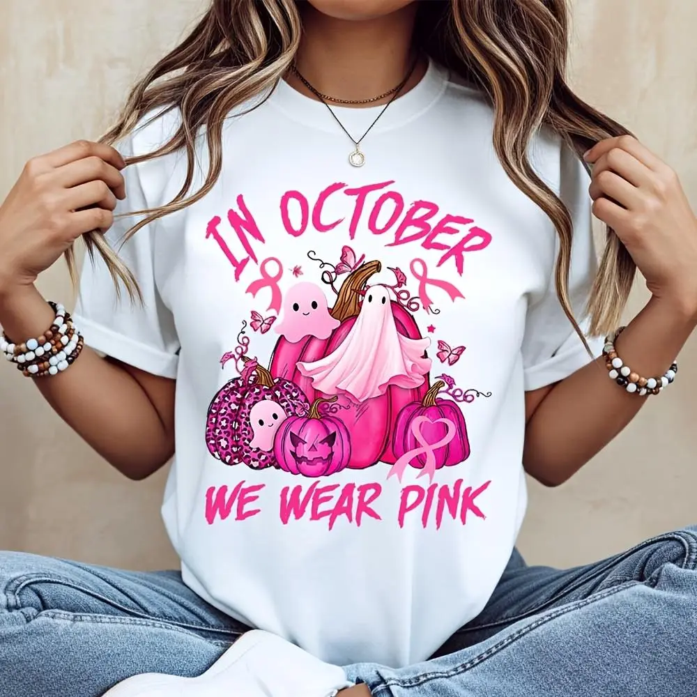 In October We Wear Pink, Ghost Pumpkin Print T-Shirt, Breast Cancer Awareness Halloween Top, Autumn Festival Support Gift