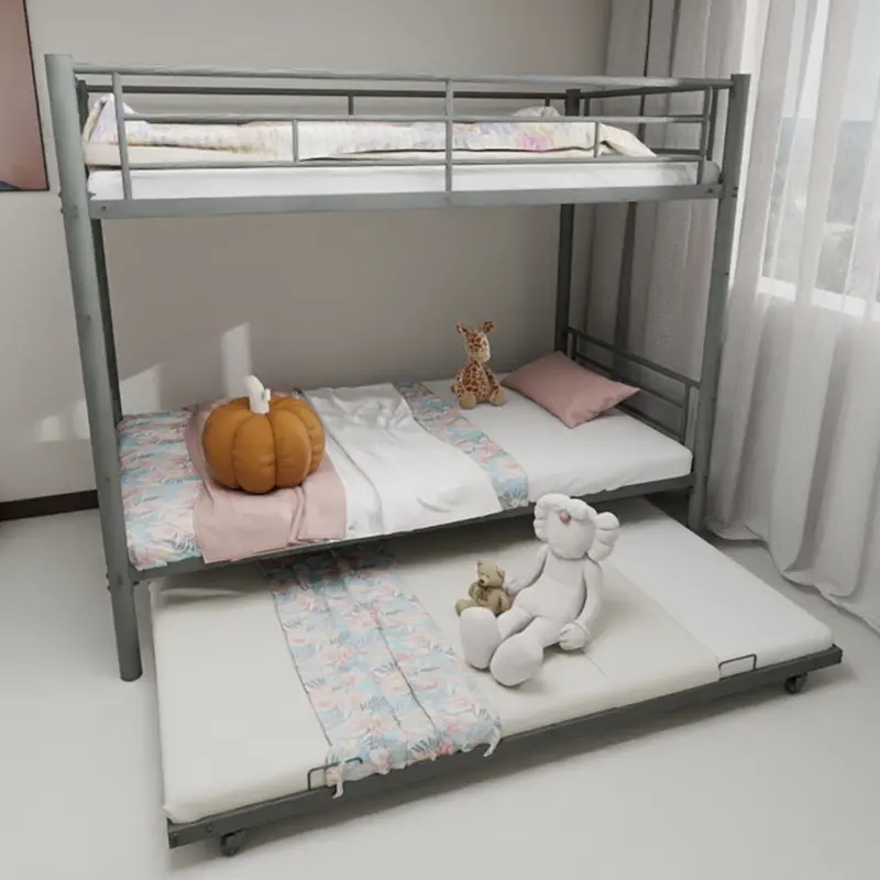 Twin over Twin Bunk Bed with Trundle, Heavy-Duty Sturdy Metal Frame, Noise-Free Design, Safety Guardrail, No Box Spring Needed, Bunk Beds for Kids