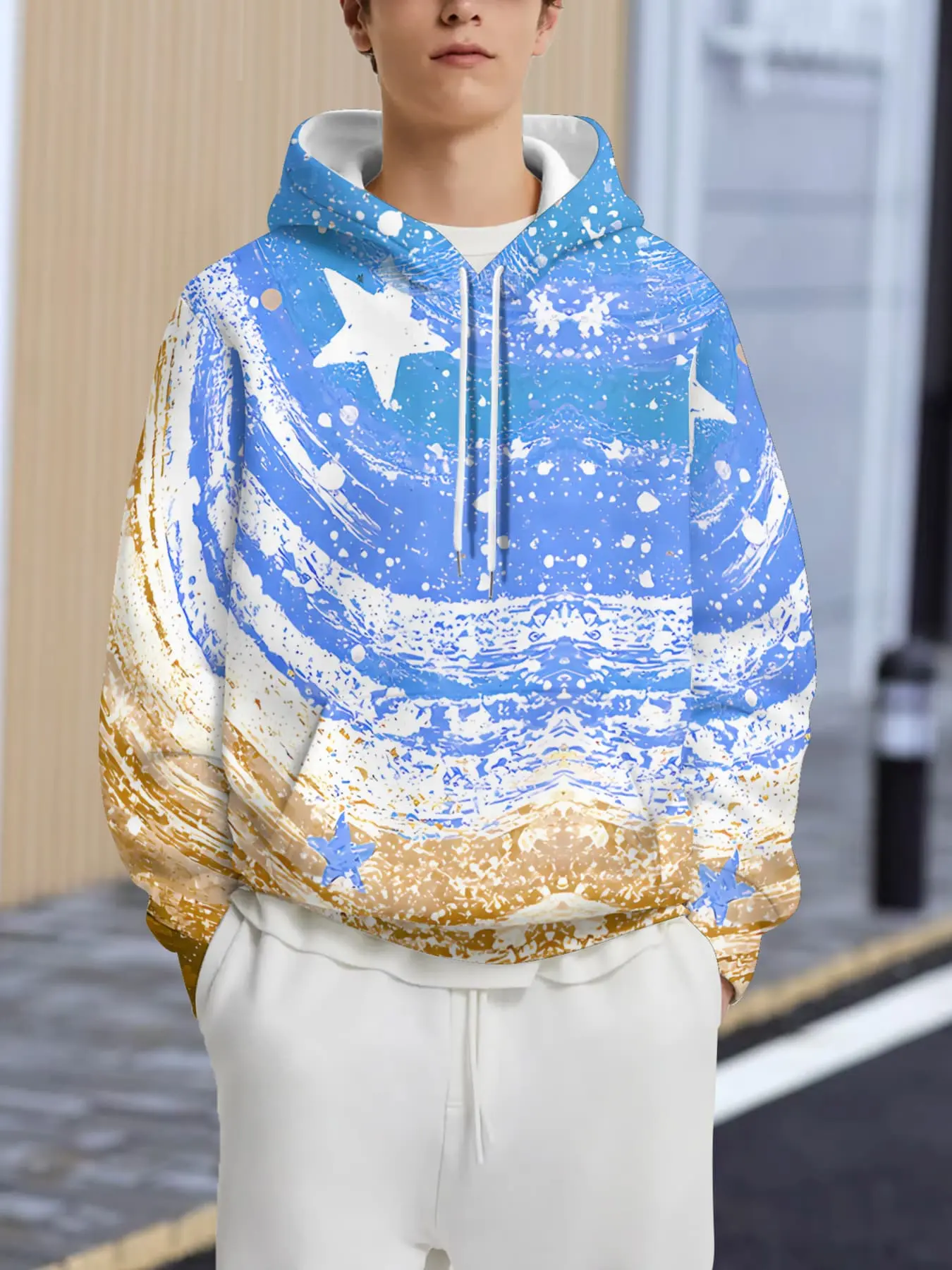 Men's hoodie, high-street texture blue gold galaxy hoodie for men, niche starry sky loose top