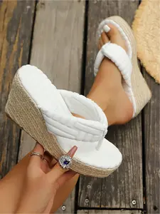 Women's Soft Terry Wedge Thong Sandals - Espadrille Platform Flip Flops for BeachCasual Women's Espadrille Wedge Flip Flops - Terry Cloth Platform Sandals, Pink/Green/White/Black