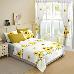 Sunflower Bedsheet Set with 2 Curtains, 4 Pillow Cases, 1 Fitted Sheet & 1 Flat Sheet - Set of 8 Pieces