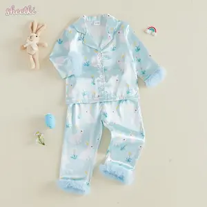 Kids Girls Easter Pajamas Set Satin Easter Eggs/Rabbit Print Long Sleeve Tops Elastic Waist Long Pants 2 Pieces Lounge Suit