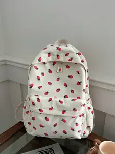 Women's Strawberry Printed Corduroy Backpacks - Large Capacity, Simple Fashion Design, Flap Pocket, for Outdoor and School Use