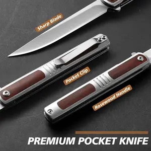 Pocket Knife, 3.5 inch Folding Knife with Rosewood Handle and Leather Sheath, Edc Knife with Pocket Clip for Men and Women Outdoor Survival Supplies Survival Tools