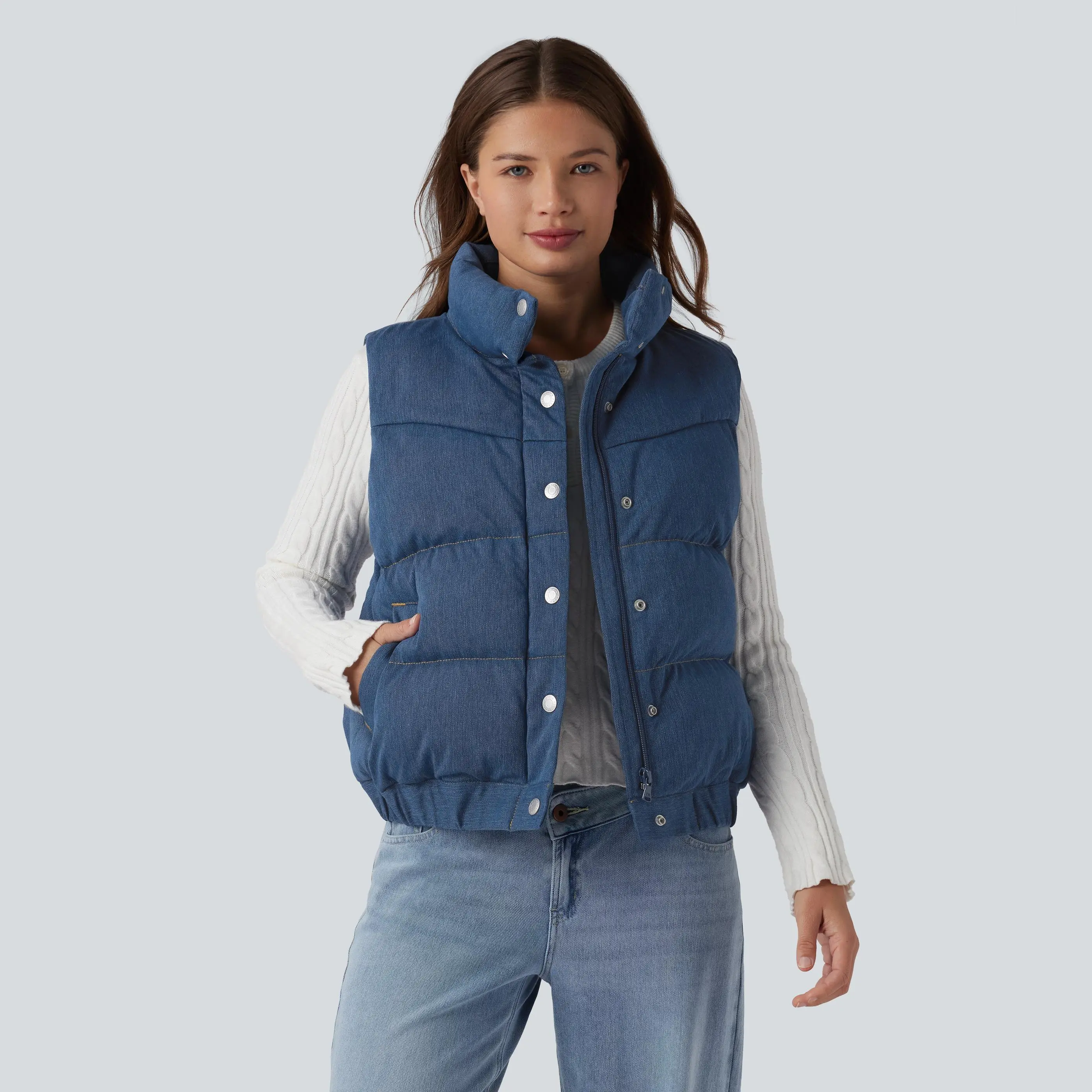 Halara Flex Denim Stand Collar Casual Puffer Vest with Pockets