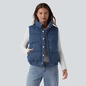 Halara Flex Denim Stand Collar Casual Puffer Vest with Pockets