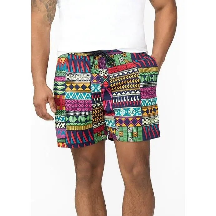 Tiziri Men's African Print Shorts (Green Navy Kente) - Clearance