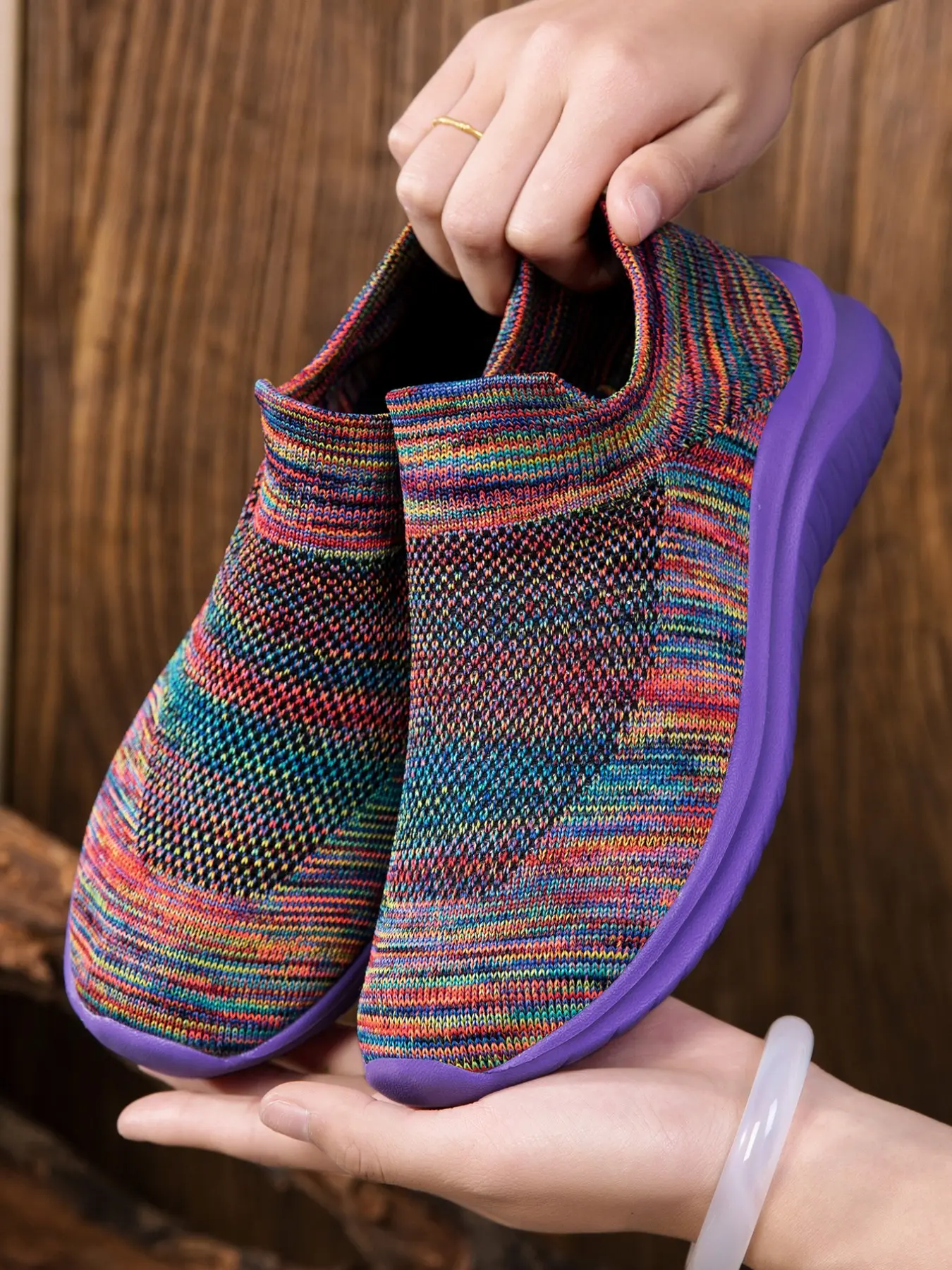2026 New Women's Rainbow Gradient Slip-On Sports Shoes, Walking Shoes, Colorful Knit Upper, Breathable, Easy to Wear, Casual All-Season Footwear