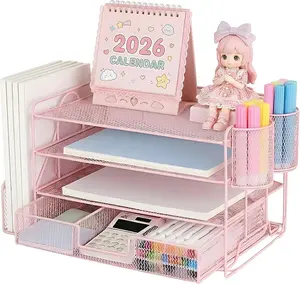 Metal Desktop File Organizer Multi Tier Pull Out Document Tray Office Desk Storage Rack for Files Paper and Stationery Durable Iron Mesh Pink 1 Pack