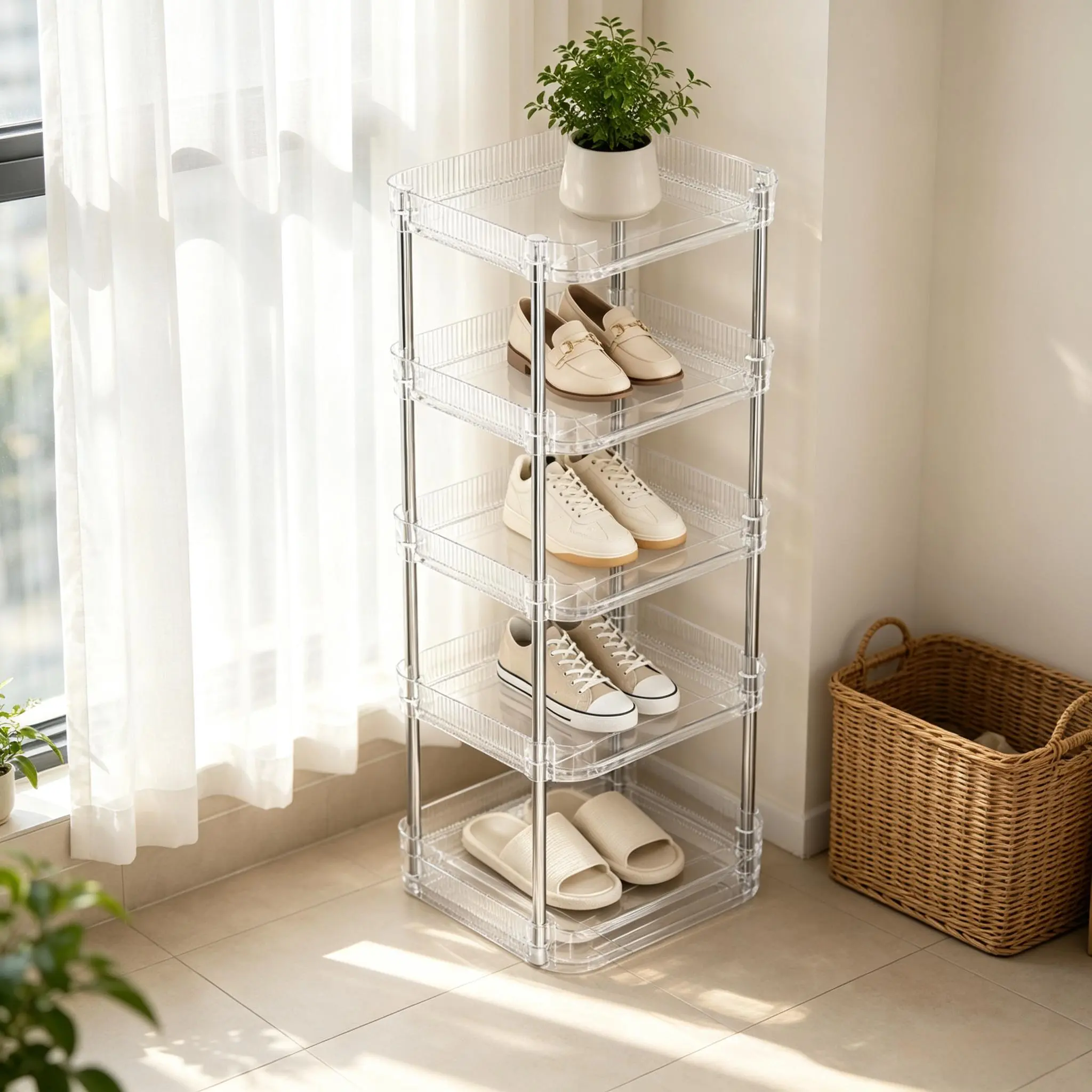 5-Tier Transparent Acrylic Shoe Rack, Minimalist Freestanding Shoes Organizer, Snap-Fit Tool-Free Assembly Space Saver Storage Shelf for Entryway, Small Apartment Indoor Furniture Decor