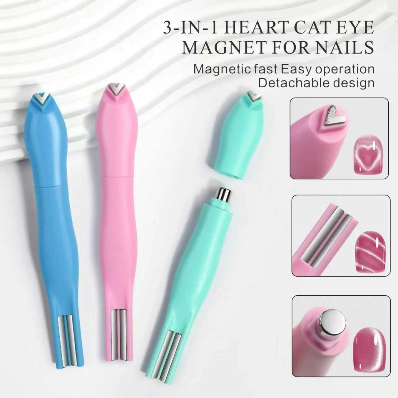 1-piece 3-in-1 Cat Eye Magnet - Heart Moon Pattern Design, Pink/Green/Blue, Durable Plastic with Magnet, Odorless Gel Polisher, Metallic Texture, Creative Heart-Shape Handle Nail Art Kit, Professional & DIY Nail Tools, Holiday haul-Christmas gift, Nail Ca