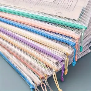 5pcs PVC Mesh Zipper Storage Folders with Label Holders - Heavy-Duty Stackable File Organizers, Multi-Color (Pink, Blue, Turquoise, Purple, Beige) for, Office, Art Supplies, Binder Compatible Document Holders