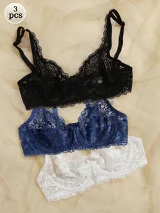Women's Plain Contrast Floral Lace Push Up Bra, Adjustable Strap Sheer Bra, Soft Comfy Breathable Casual Underwear Lingerie for All Seasons Fit