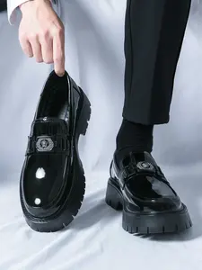Trending Men’s Chunky Lug Sole Patent Leather Loafers - Slip-On Statement Shoes with Sparkling Buckle, Elegant Thick-Sole Footwear for Business, Casual Daily Wear, Formal Events & All-Season Versatile Office & Street Style