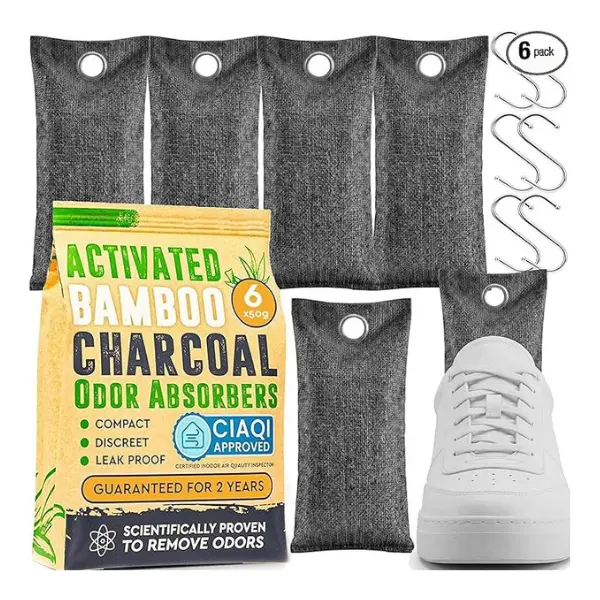 6 Pack Bamboo Charcoal Odor Absorber Bags for Shoes, Closet, Car & Basement, Activated Charcoal Air Purifying Bags, Reusable Moisture & Smell Eliminator for Home Storage Gym Bags Sneakers