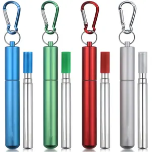 4-Pack Collapsible Stainless Steel Drinking Straws with Aluminum Case, Cleaning Brush, and Keychains - Silver, Blue, Red, Green