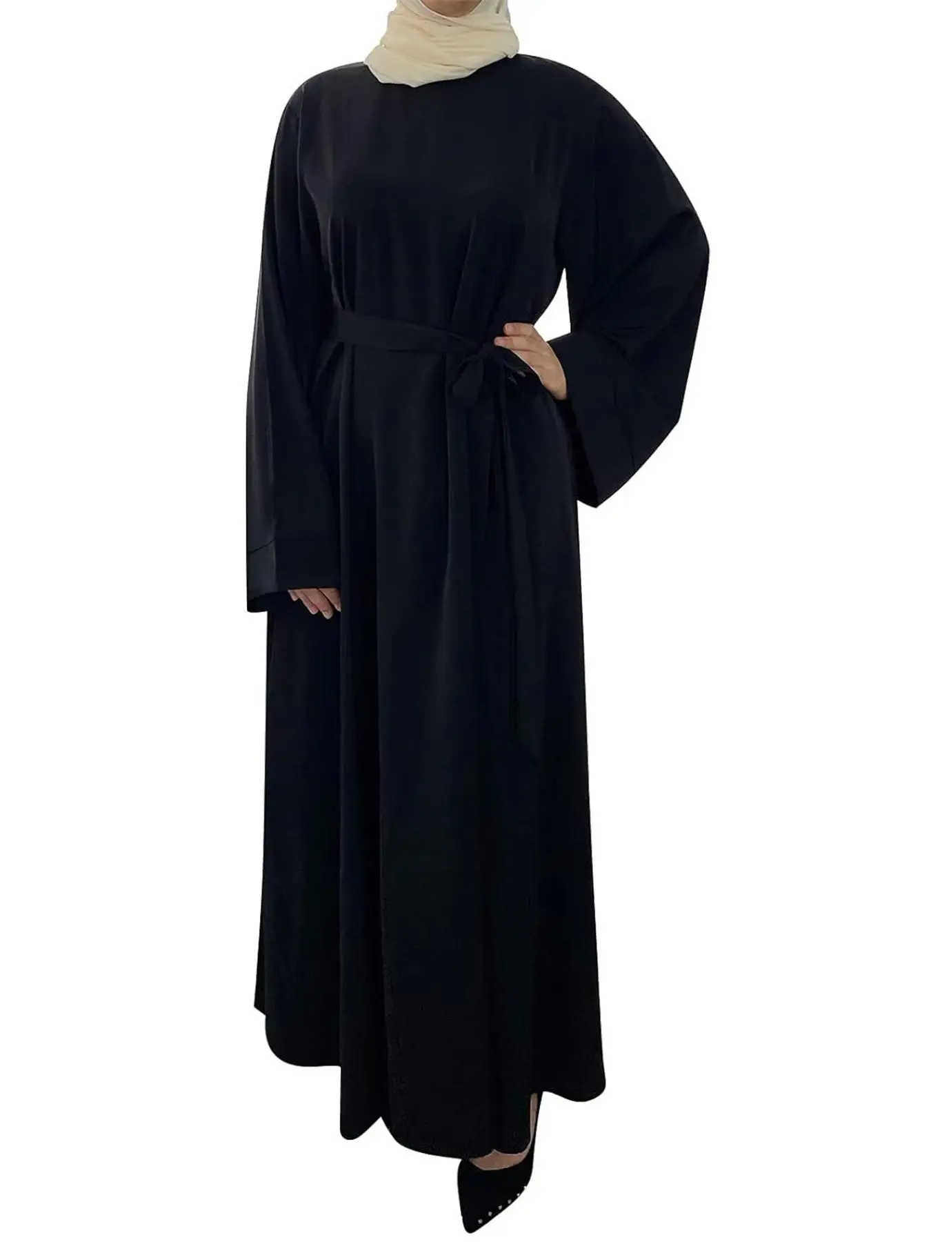 Arabic Clothing- Women's Solid Long Sleeve Belted Arabian Dress without Hijabs, Modest Casual Long Muslim Dress, Islamic Clothing for Spring Fall Wint