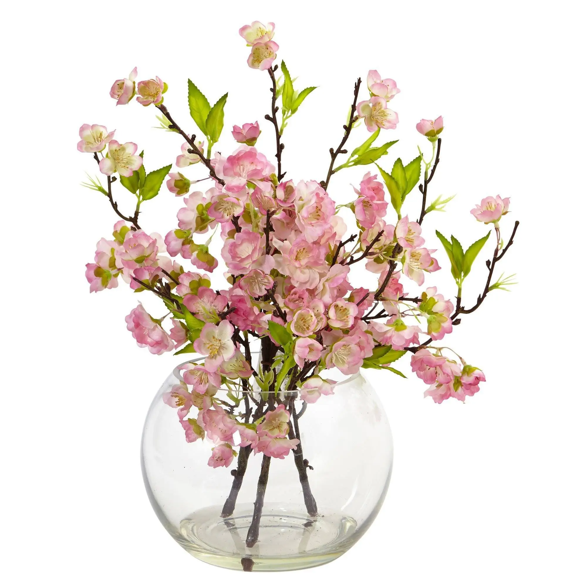 Handmade Silk Cherry Blossom Glass Artificial Flowers - Large Globe Vase, Decorative Flower Design Room Decor for Tabletop Vignette, Elegant Bedside Home Display