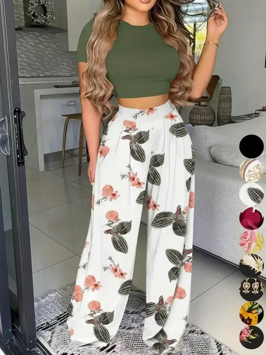 Women's Two-piece Set, Chic Plain Breathable Soft Style Crop Top & Plicated High Waist Wide Leg Floral Pants Set, Co-ord Set Summer, Summer Clothes Women, Womenswear